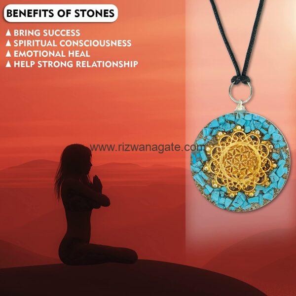Turquoise Round Orgone Pendant With Flower Of Life - Image 4