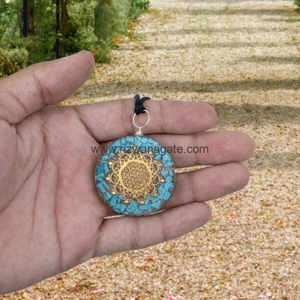Turquoise Round Orgone Pendant With Flower Of Life - Image 2